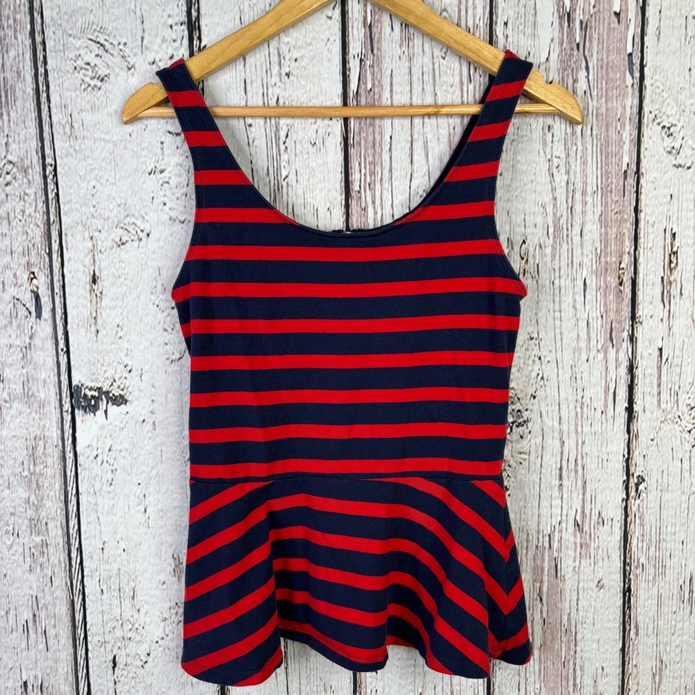 Express Size Small Red & Navy Blue Striped Peplum‎ Hem Top Zip Back Tank Stretch